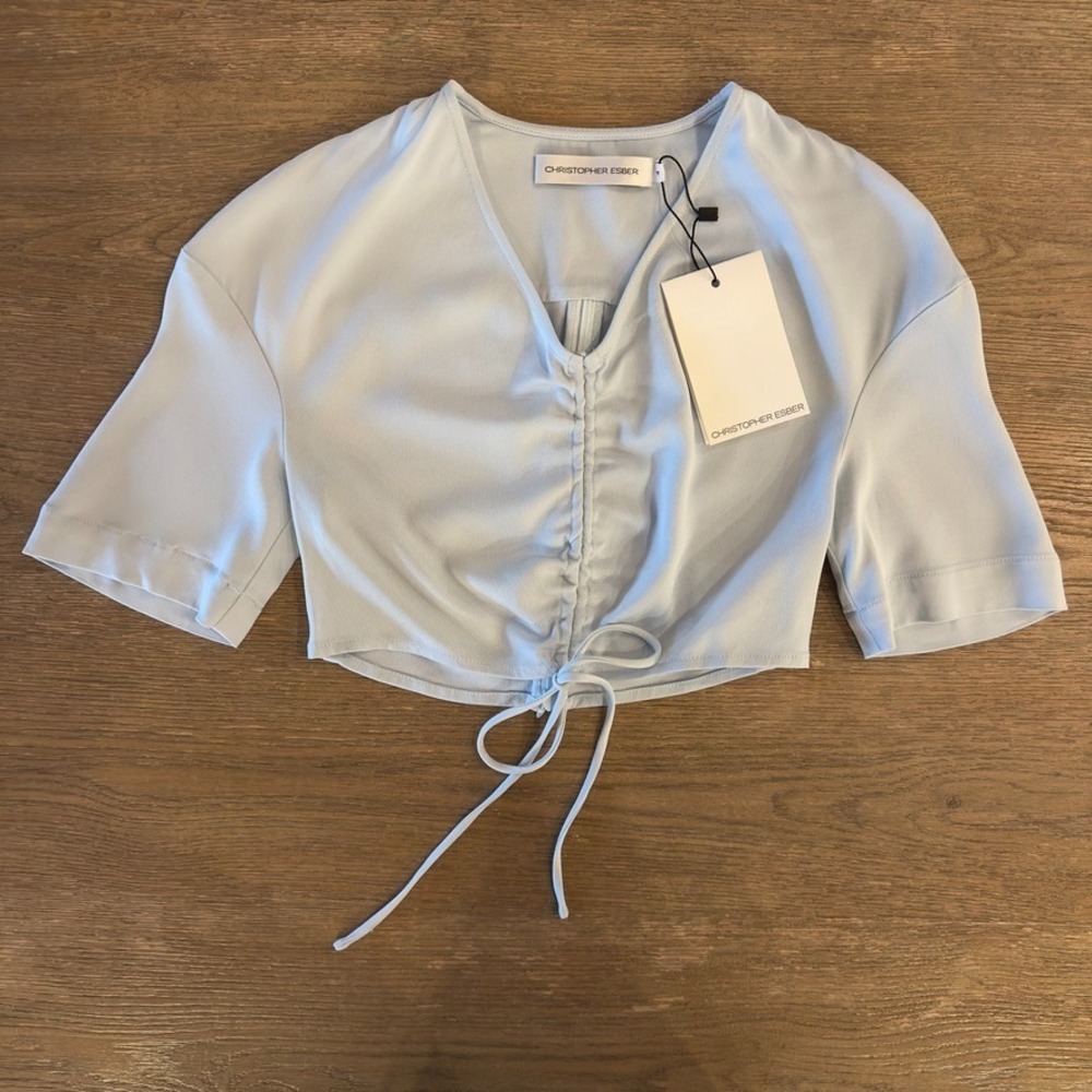 NEW Christopher Esber Natural Faille Ruched Crop Tie Tee-Ice Blue-Size AU 4/US 2